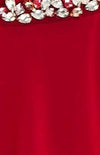 Red chiffon fabric with sparkling crystal petals of pink, lemon and white